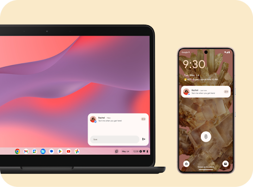 一部 Chromebook 和一部手機並排擺放，兩部裝置皆顯示來自 Rachel 的短訊通知。