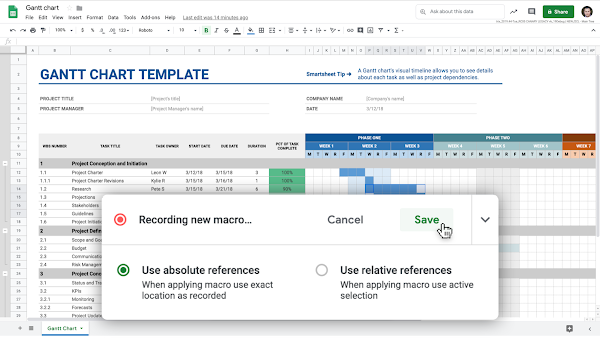 A Gantt chart in Google Sheets with the option to 'Record a new macro'. 