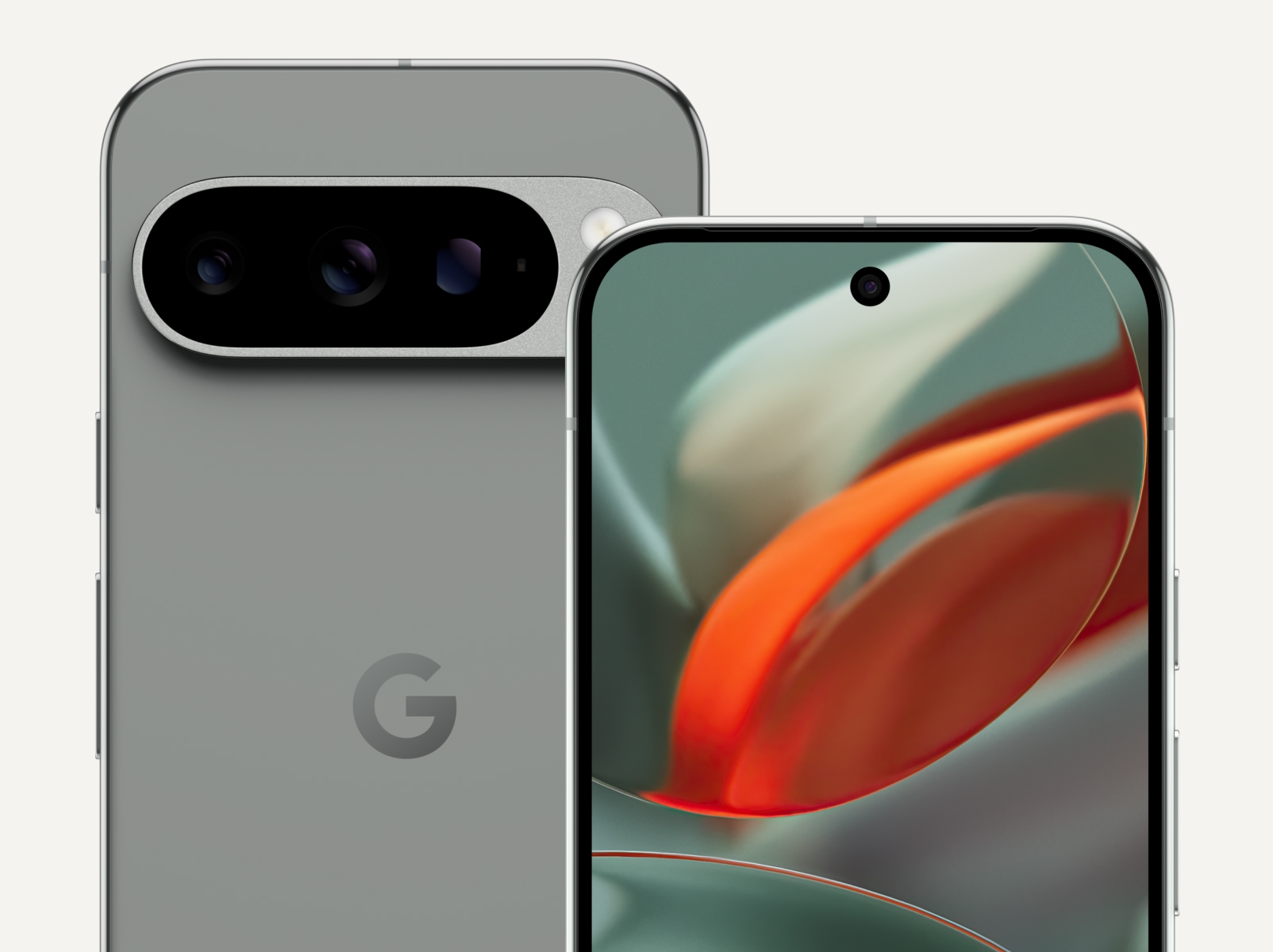 The front and back of Pixel 9 Pro in Hazel color. The back shows off its upgraded camera bump, while the front shows off its brilliant display.