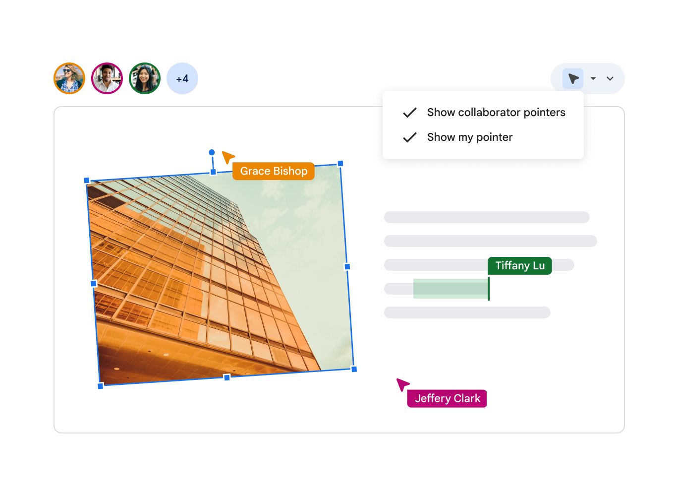 Um utilizador pode optar por mostrar o seu próprio ponteiro e os ponteiros dos colaboradores num diapositivo, para que todos possam ver quem está a fazer o quê.