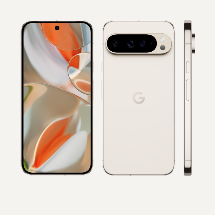 The front, back, and side of Pixel 9 Pro XL in Porcelain color. The back shows off its upgraded camera bump, the front shows off its brilliant display, and the side shows off its polished-finish metal frame.