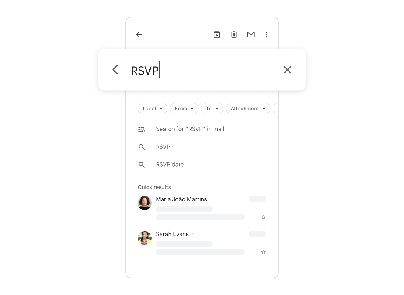 UI โทรศัพท์ที่เรียบง่ายแสดงแถบค้นหาที่มีคำว่า "RSVP" พิมพ์ไว้อยู่ มีผลการค้นหาแสดงในข้อความด้านล่าง