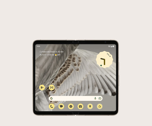 Unfolded front of Pixel Fold with a beautiful wing on the screen