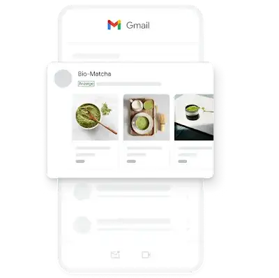 Beispiel für eine mobile Demand Gen-Anzeige in der Gmail App, in der verschiedene Bilder von Bio-Matcha zu sehen sind.