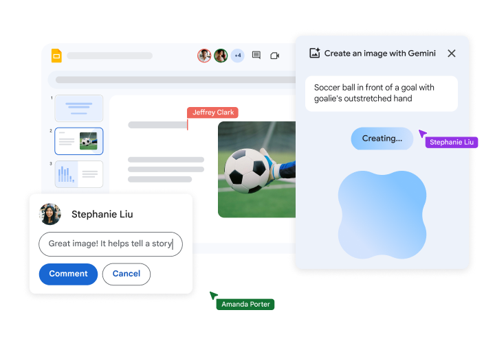 En presentation i Google Presentationer som använder Gemini för att skapa en bild att infoga.

