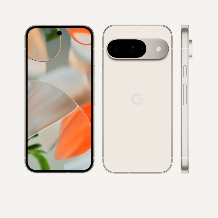 The front, back, and side of Pixel 9 in Porcelain color. The back shows off its upgraded camera bump, the front shows off its brilliant display, and the side shows off its satin-finish metal frame.