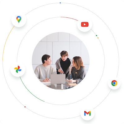 Bir dizüstü bilgisayarda birlikte çalışan üç kişi ve etraflarında Google ekosistemini gösteren Google ürün logoları.