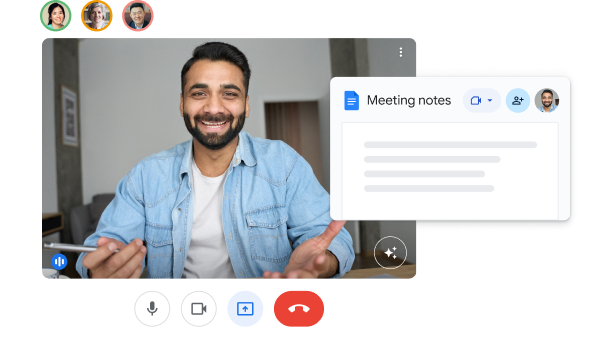 A IU do Google Meet com várias pessoas a apresentar um documento do Google Docs intitulado "Notas da reunião". 