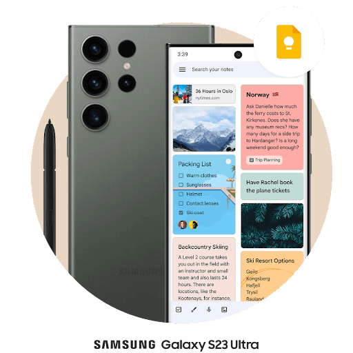 Android 手機螢幕顯示已開啟 Google Keep 提醒、待辦事項清單等。旁邊是 Google Pixel 7 Pro 的背面。Google Keep 標誌懸停在右上角。