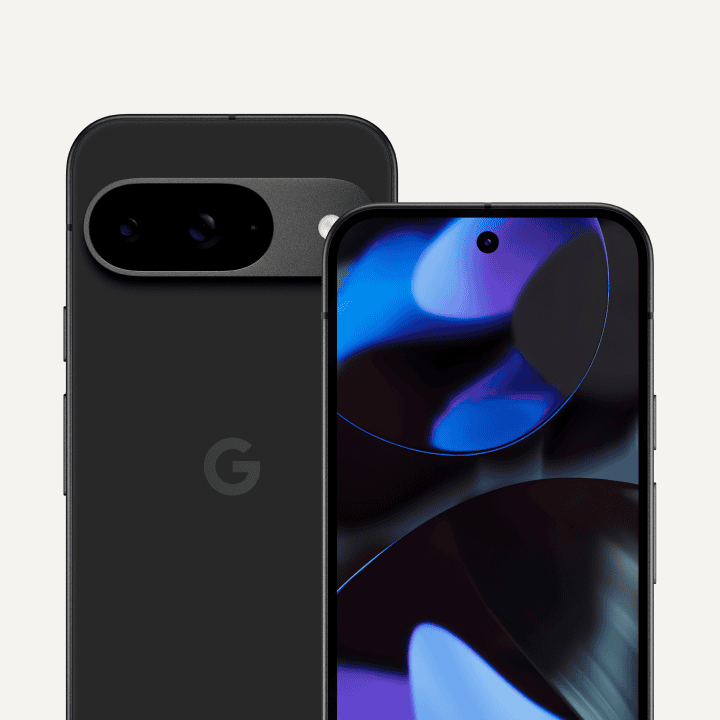 The front and back of Pixel 9 in Obsidian color. The back shows off its upgraded camera bump, while the front shows off its brilliant display.