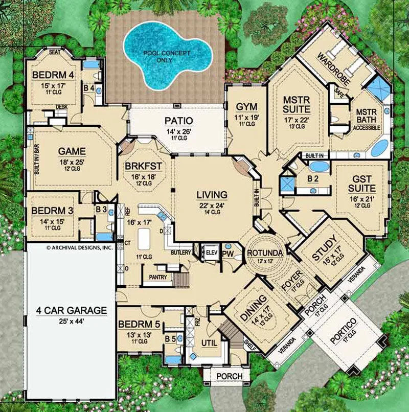 Mira Vista Luxury Home Blueprints Residential House Plan Archival Designs Three cars fit in the garage.