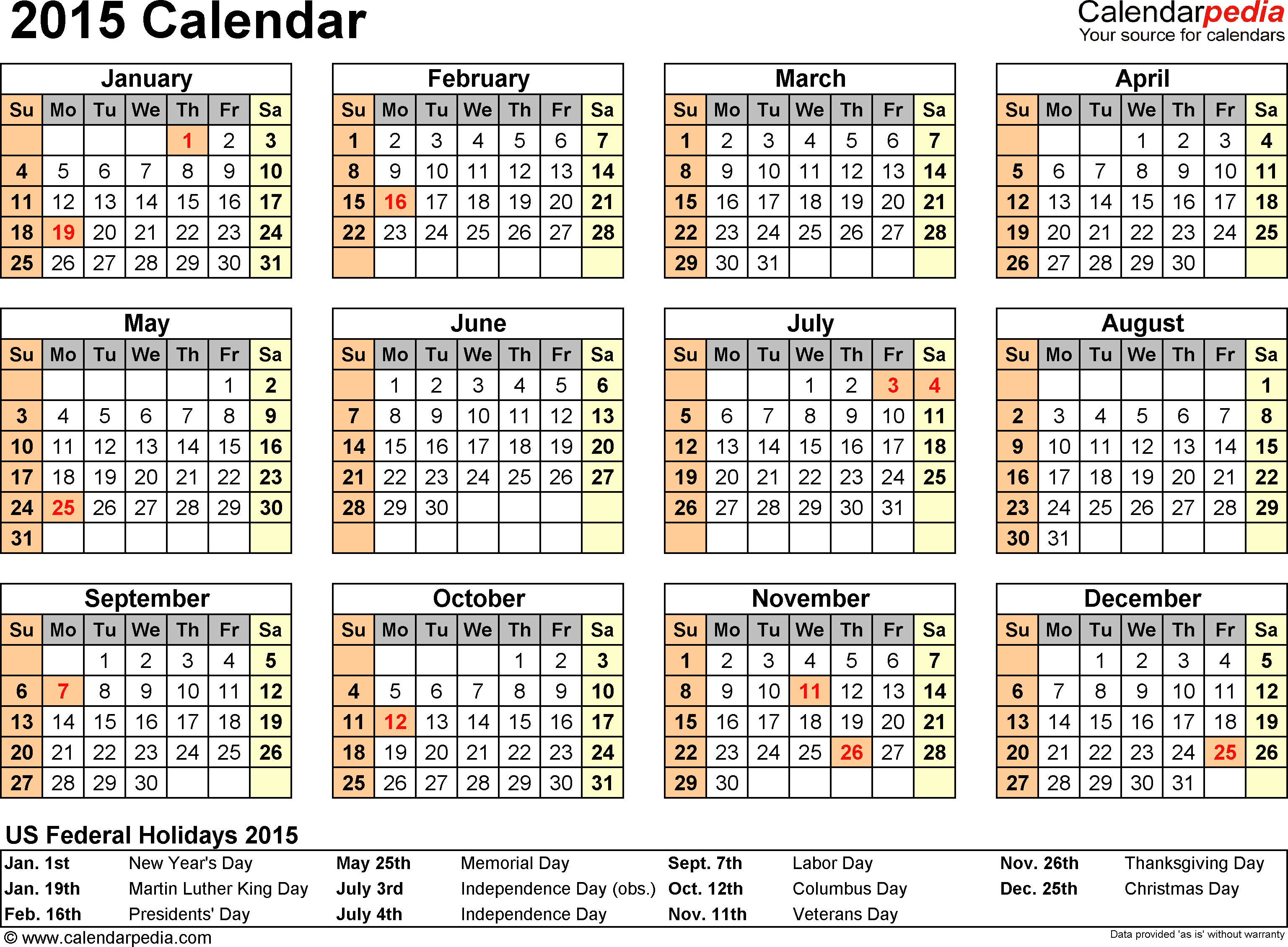 2015 Calendar Template With Holidays Word