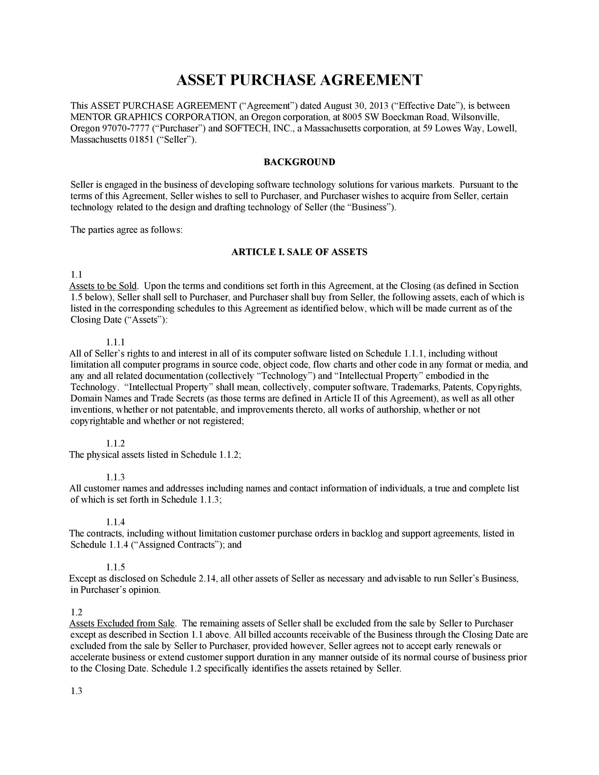 Asset Purchase Agreement Contract Template