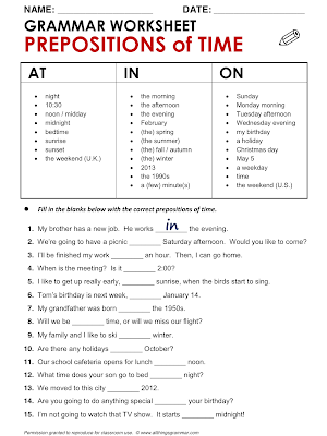 Preposition Worksheet For 6th Grade