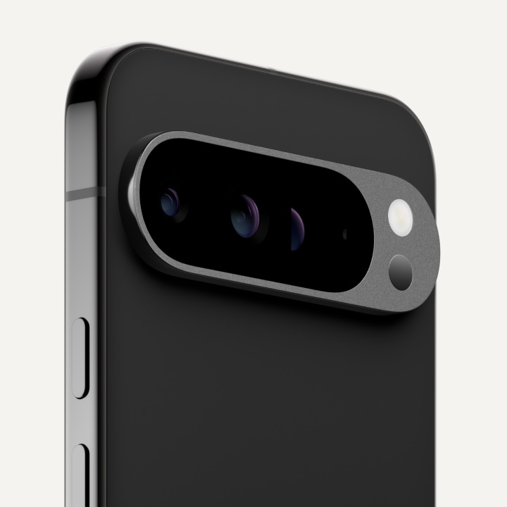 Angled close-up of the back of Pixel 9 Pro XL in Obsidian color.