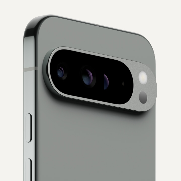 Angled close-up of the back of Pixel 9 Pro XL in Hazel color.