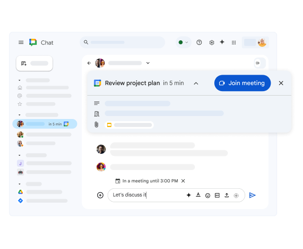 O Google Chat a mostrar uma reunião futura do Calendário Google e um link para participar.