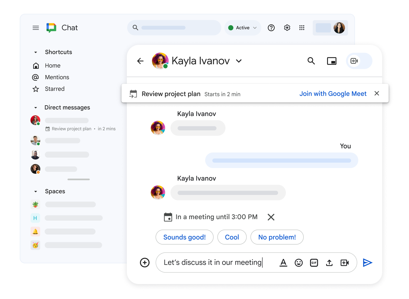 Chat window showing integration with Gmail, Calendar, Drive, Meet, Groups.