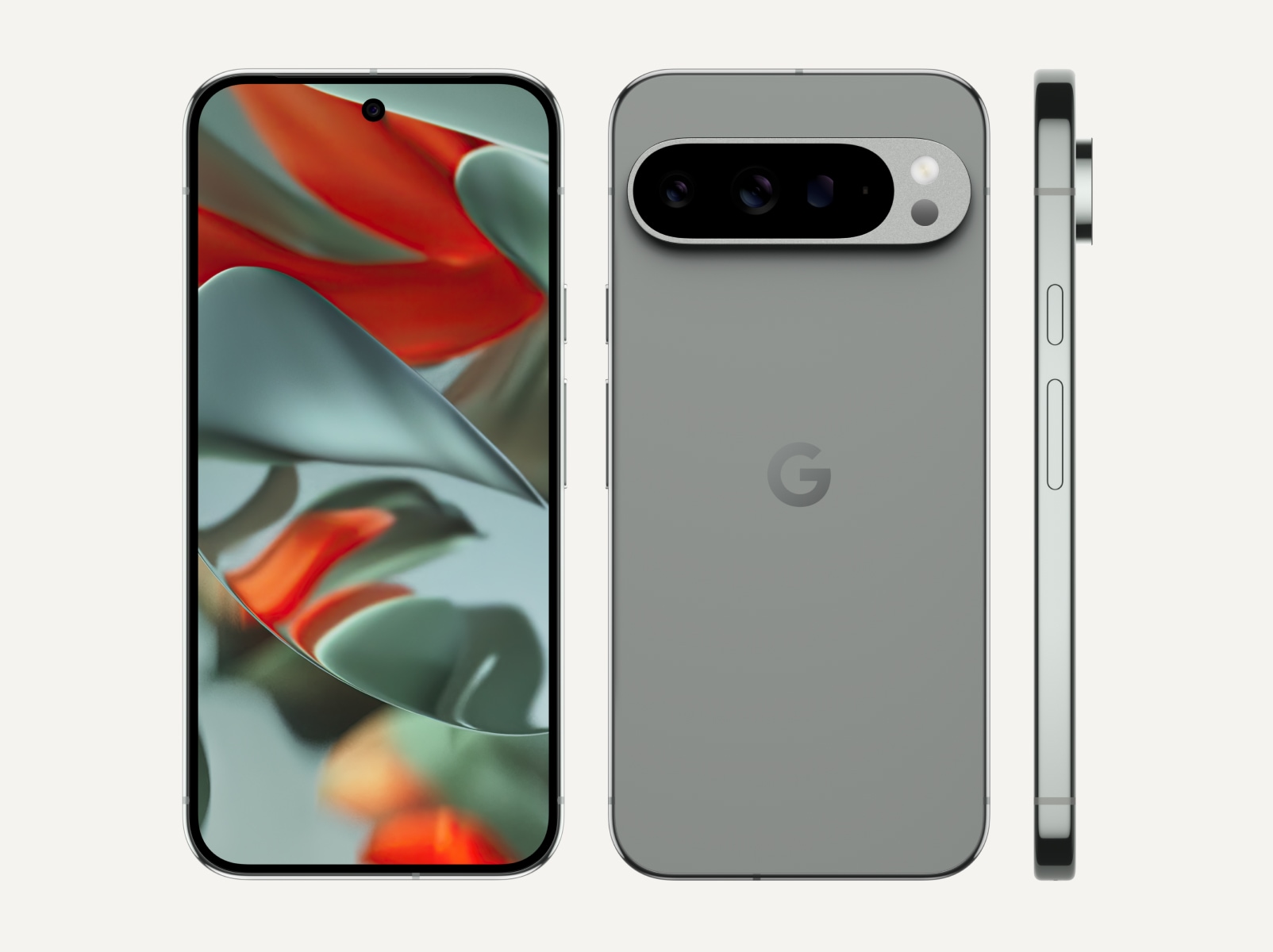 The front, back, and side of Pixel 9 Pro XL in Hazel color. The back shows off its upgraded camera bump, the front shows off its brilliant display, and the side shows off its polished-finish metal frame.