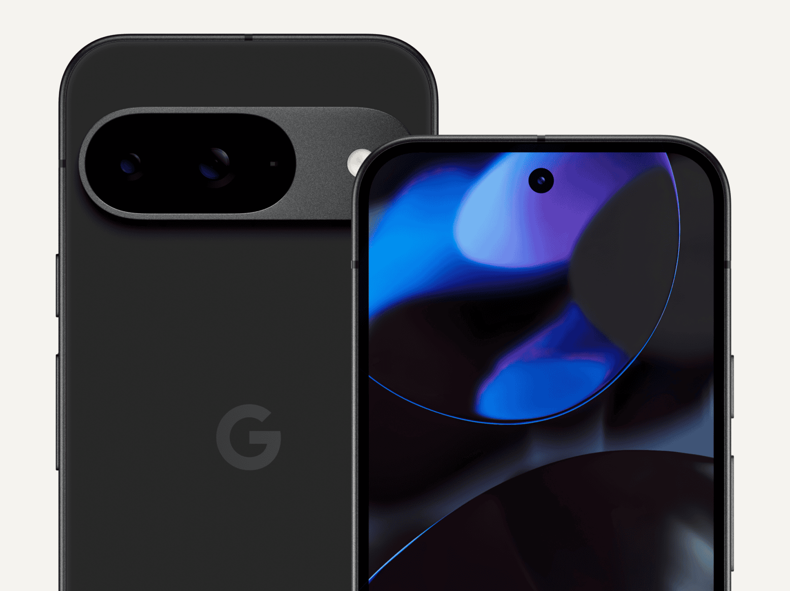 The front and back of Pixel 9 in Obsidian color. The back shows off its upgraded camera bump, while the front shows off its brilliant display.