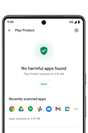 Android 手機螢幕顯示已開啟 Google Play Protect。有剔號的綠色盾牌圖示發光，加上「找不到有害應用程式」訊息，告知使用者手機安全。