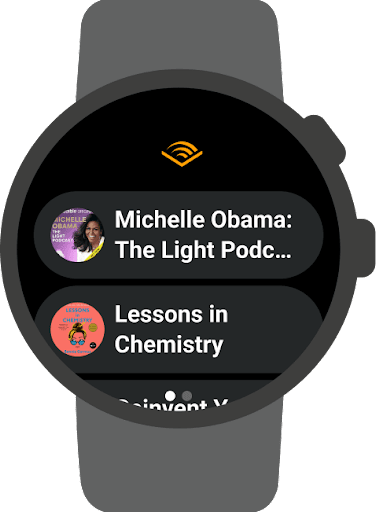 L'app Audible per Wear OS mostra diversi audiolibri disponibili per l'ascolto.