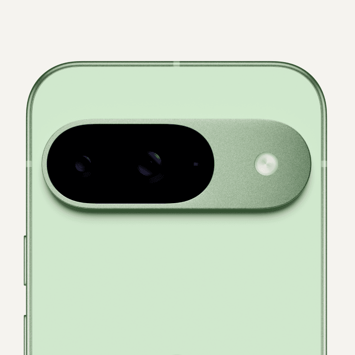 Close-up on the back of a Pixel 9 in Wintergreen color.