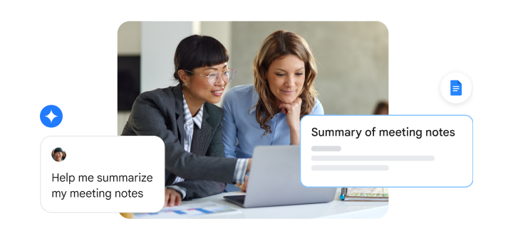 Two office workers at a laptop using Gemini to summarize meeting notes in Google Docs.