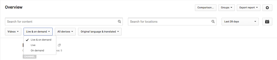 डेटा को क्रम से लगाने के विकल्प, YouTube Analytics के 'लाइव और मांग पर उपलब्ध' ड्रॉपडाउन में मौजूद हैं