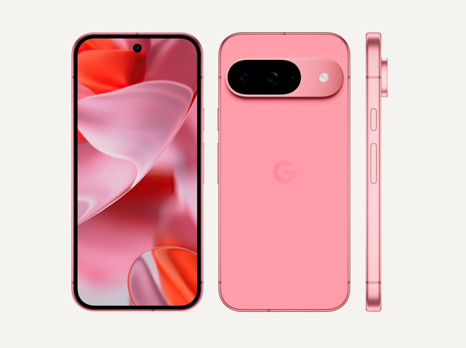 The front, back, and side of Pixel 9 in Peony color. The back shows off its upgraded camera bump, the front shows off its brilliant display, and the side shows off its satin-finish metal frame.