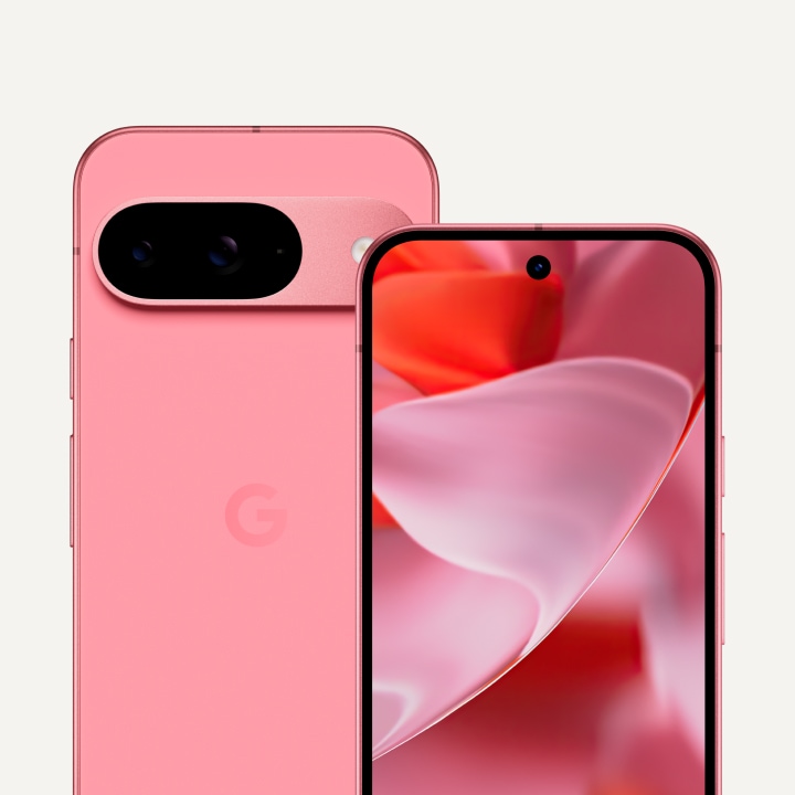 The front and back of Pixel 9 in Peony color. The back shows off its upgraded camera bump, while the front shows off its brilliant display.