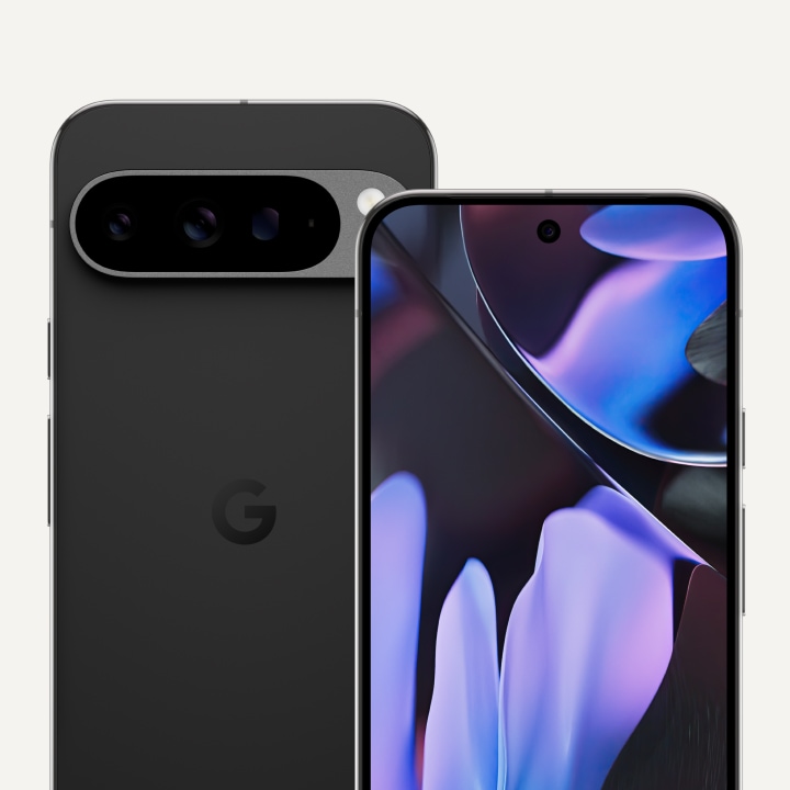 The front and back of Pixel 9 Pro XL in Obsidian color. The back shows off its upgraded camera bump, while the front shows off its brilliant display.