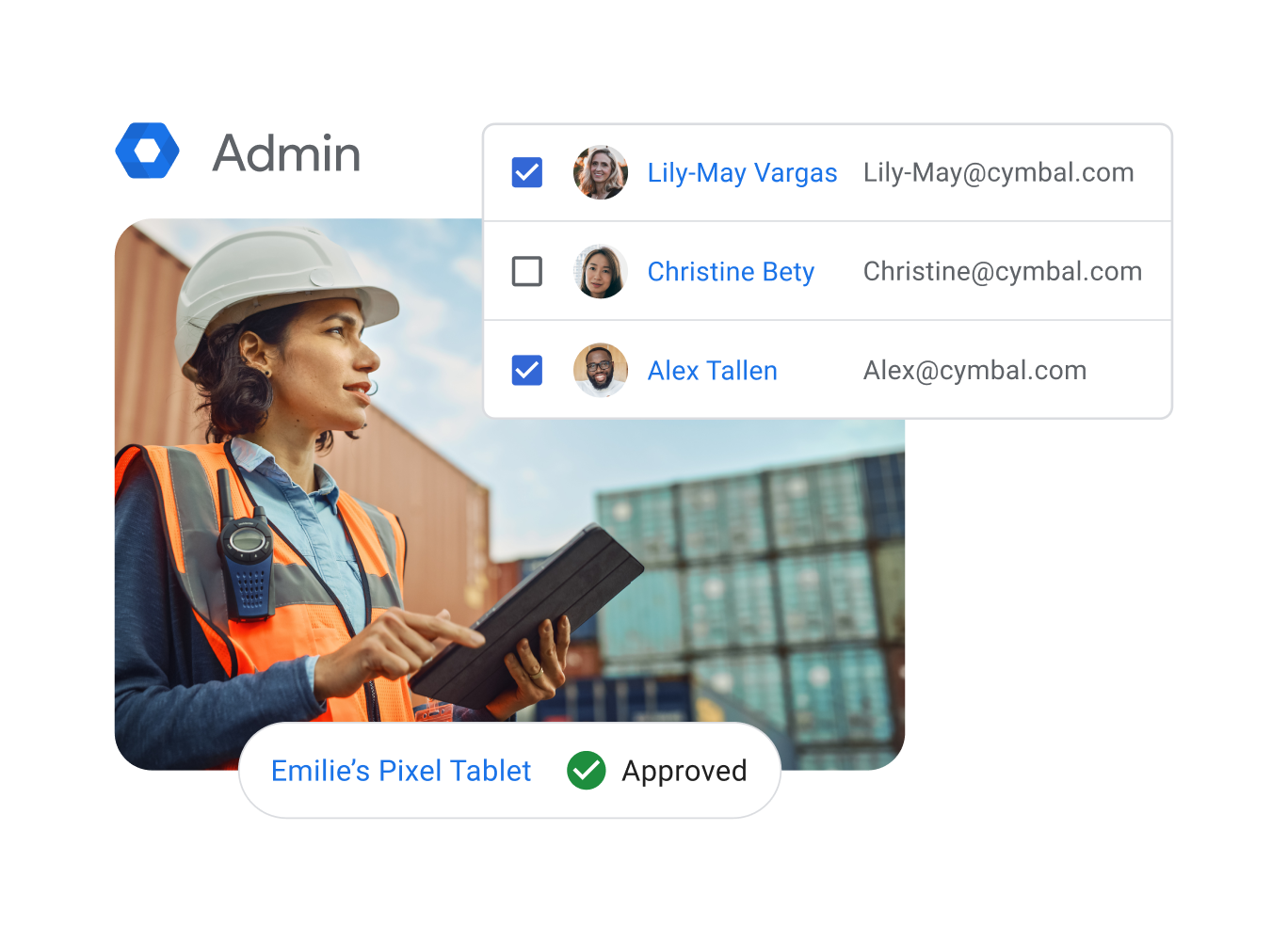 A woman in a shipping yard on a tablet superimposed with admin UI elements suggesting that she is managing employee email access across devices.