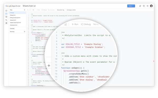 Apps Script UI open to the Sheets add-on showing a code block