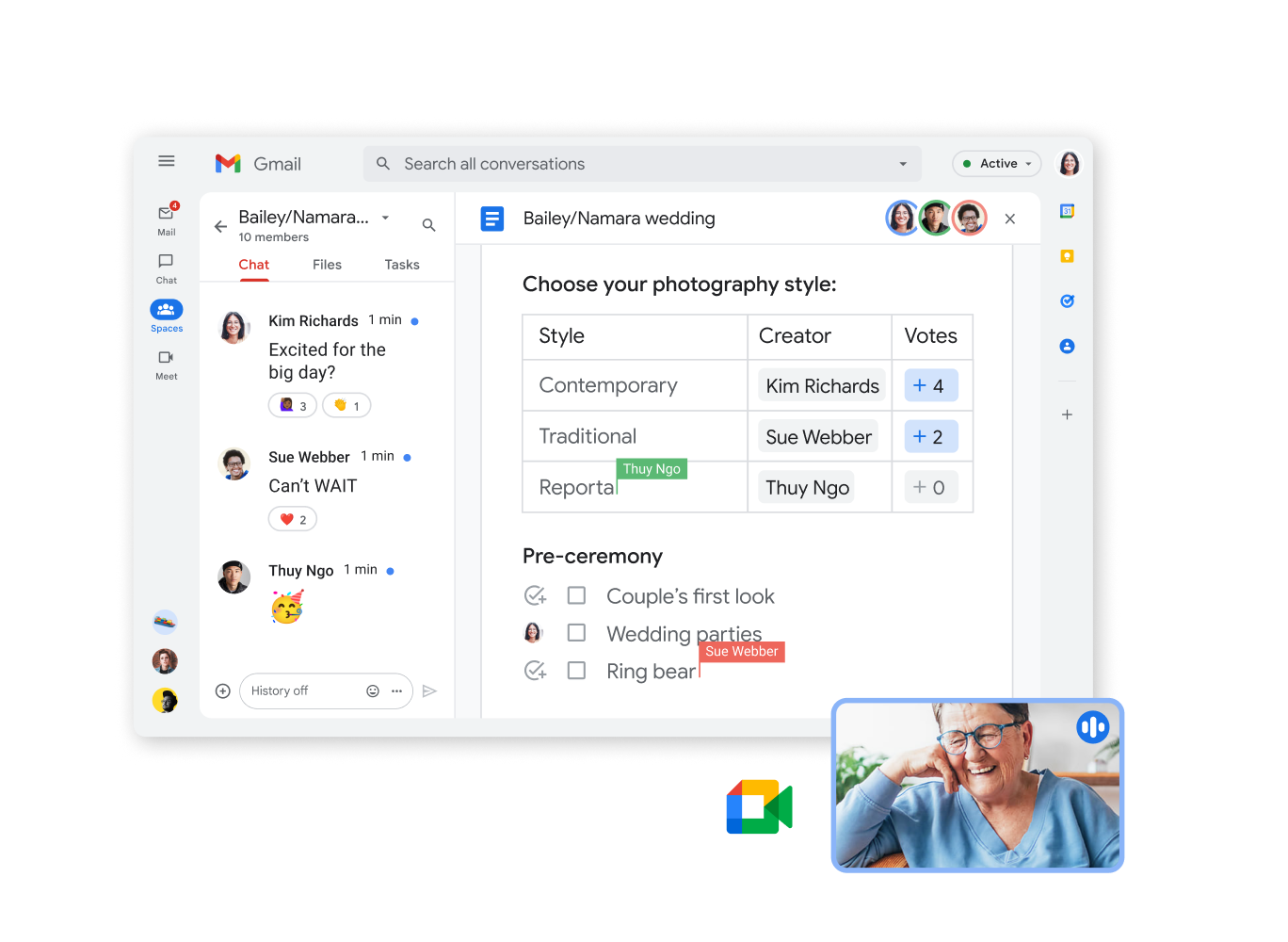 Chatfunctie in Gmail met documentsamenwerking en videochat op één scherm