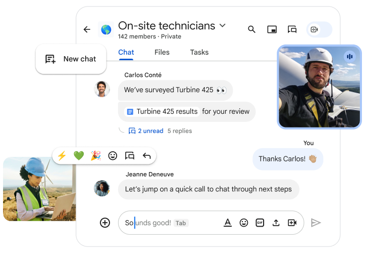 Montagem de uma janela de conversa no Google Chat entre técnicos no local a instalar turbinas eólicas, e vários elementos da IU.