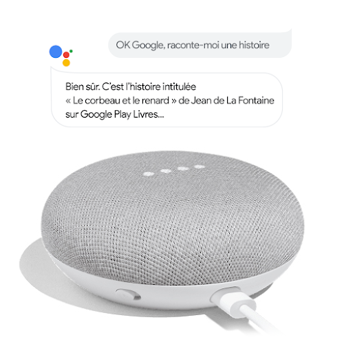 Maison Google avec bulles de texte : quelqu'un dit "Hey Google, raconte-moi une histoire". L'Assistant Google répond "Bien sûr, voici l'histoire 'Le Corbeau et le Renard' depuis Storynory sur Google Play Livres…"