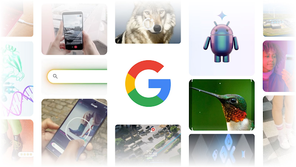 A grid of images with the Google logo in the center. Images include a hummingbird, a wolf with a circle and AI diamond over top, someone using Circle to Search on a mobile phone, someone demo-ing Project Astra on a phone, an Android bugdroid, the Google Search bar, and others.