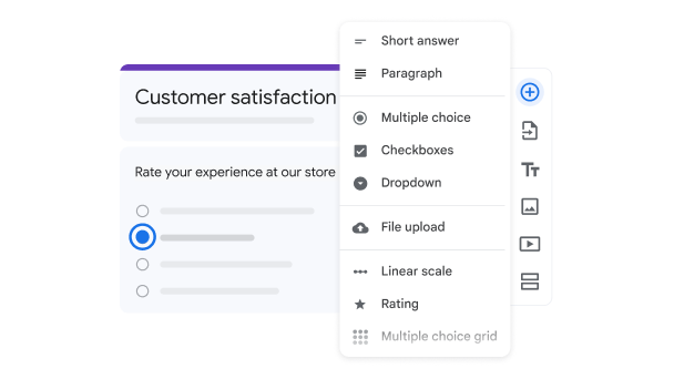 UI showing a list of options for creating form questions