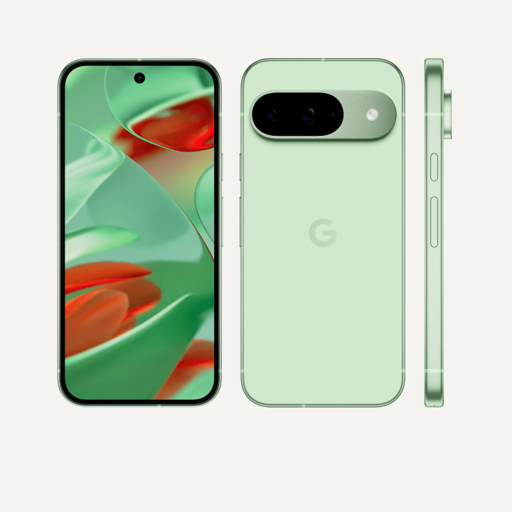 The front, back, and side of Pixel 9 in Wintergren color. The back shows off its upgraded camera bump, the front shows off its brilliant display, and the side shows off its satin-finish metal frame.