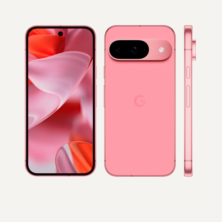 The front, back, and side of Pixel 9 in Peony color. The back shows off its upgraded camera bump, the front shows off its brilliant display, and the side shows off its satin-finish metal frame.