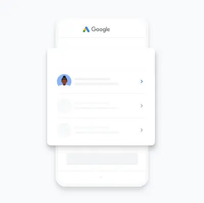 Illustratie van een Google Ads-account dat wordt geselecteerd tijdens het instelproces in de mobiele Google Ads-app.