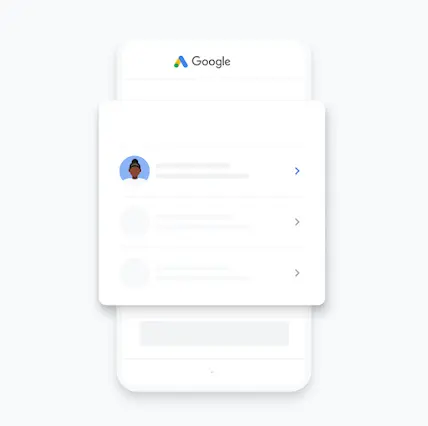 Ilustración de una cuenta de Google Ads que se selecciona para configurarse en la aplicación móvil Google Ads.