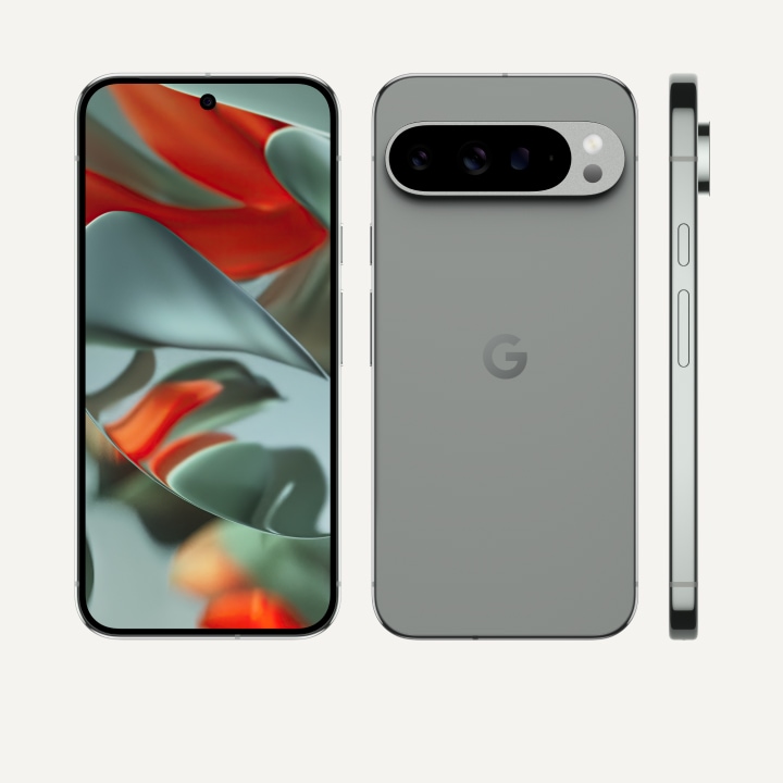 The front, back, and side of Pixel 9 Pro XL in Hazel color. The back shows off its upgraded camera bump, the front shows off its brilliant display, and the side shows off its polished-finish metal frame.