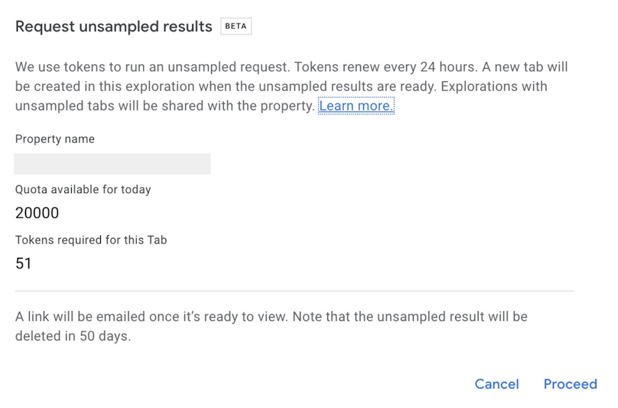 Request unsampled results dialog showing available quota and number of tokens required for the request.