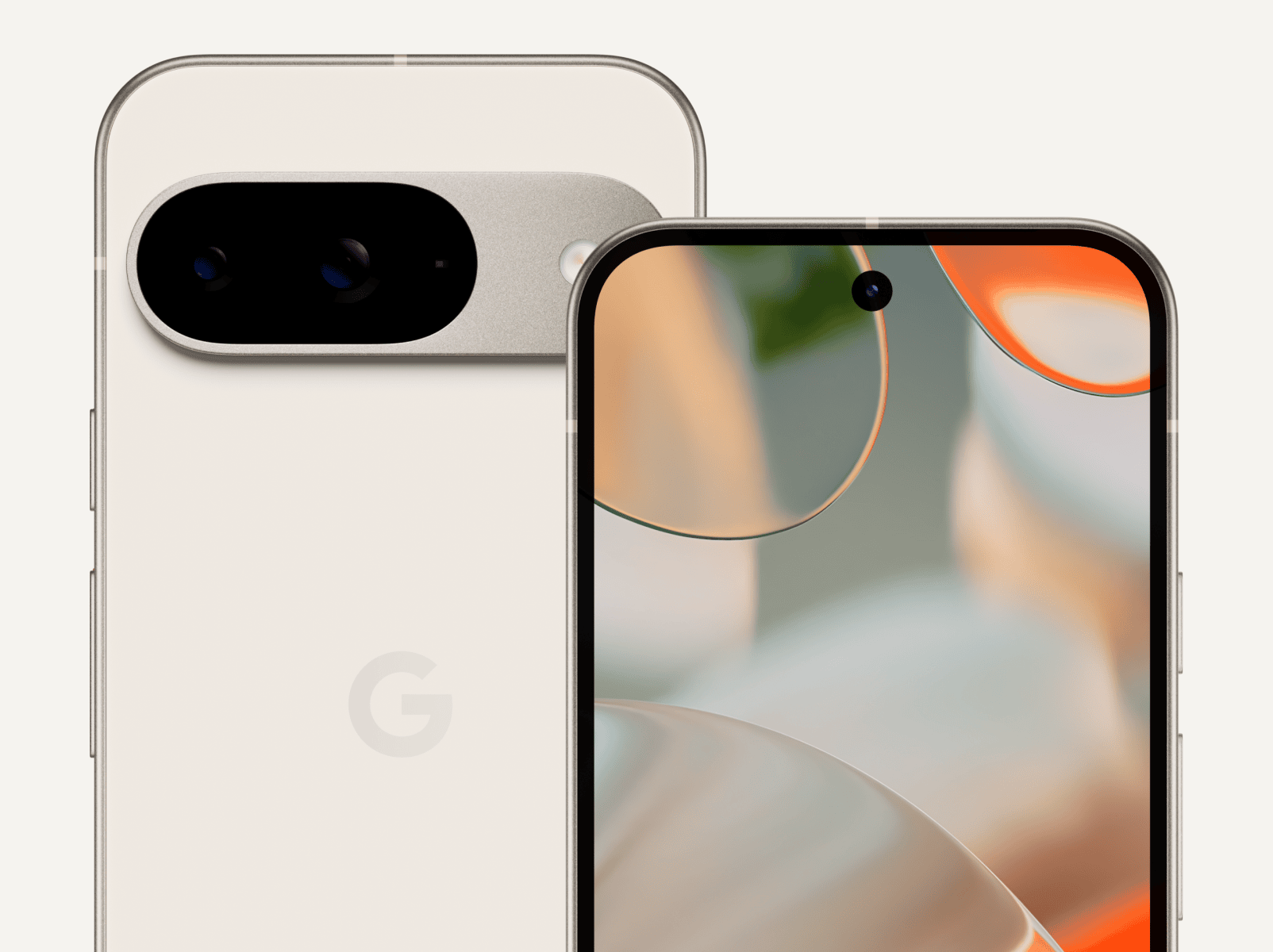 The front and back of Pixel 9 in Porcelain color. The back shows off its upgraded camera bump, while the front shows off its brilliant display.