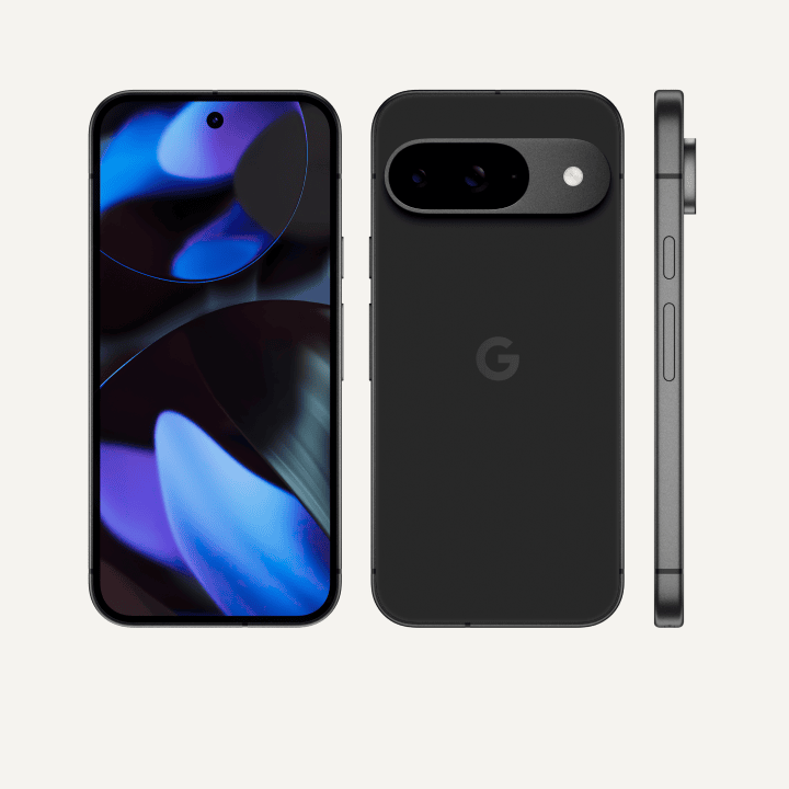 The front, back, and side of Pixel 9 in Obsidian color. The back shows off its upgraded camera bump, the front shows off its brilliant display, and the side shows off its satin-finish metal frame.