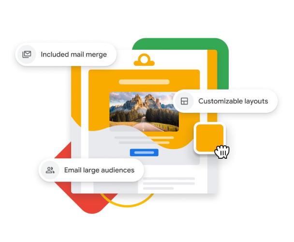 Graphic representation of a customised email campaign with drag-and-drop tools, mail merge and large audience support. 