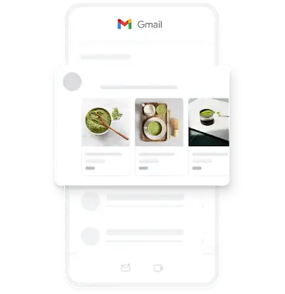 An example of a mobile Demand Gen ad within the Gmail app, featuring several images of organic matcha.