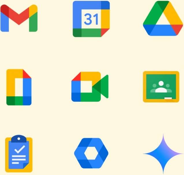 9 icons from the Google suite of products.